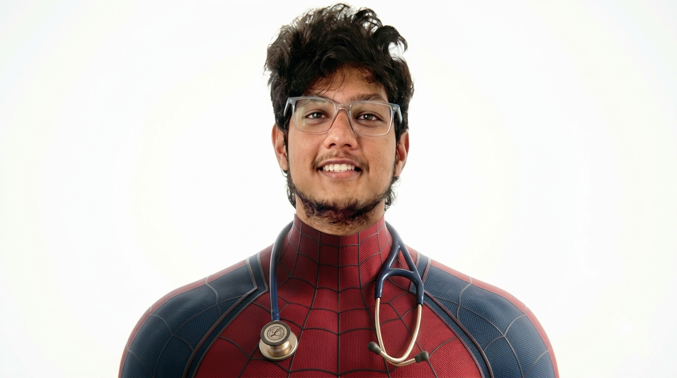 Praneeth Roy unmasked, smiling with a stethoscope